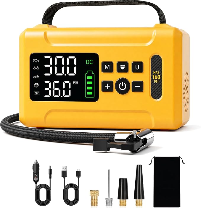 Tire Inflator Portable Air Compressor 160 PSI Air Pump for Car Tires 6000 mAh & 12V DC Powered Fast 24L/min, Digital Tire Pressure Gauge, LED Lights, 5 Modes Auto Shut-off (Yellow, 6000 mAh)