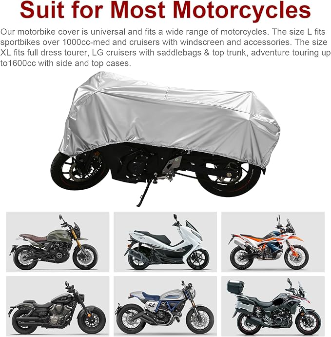 Dream Apparel Motorcycle Half Cover, Waterproof Motorcycle Cover for Outdoor, Rain Snow Dust Protection Universal Fit Heavy Duty Motorbike Vehicle Cover with Storage Bag, Silver XL