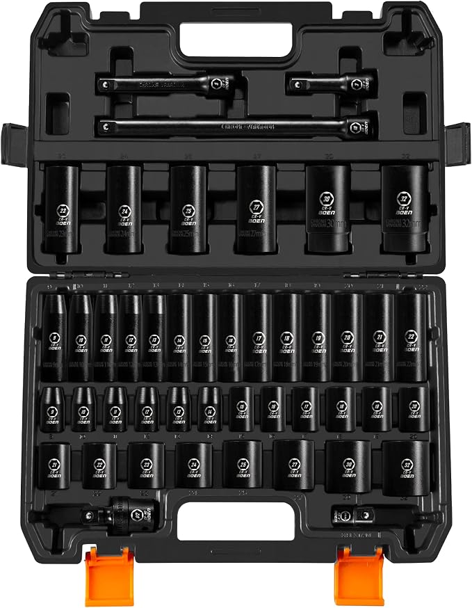1/2" Drive Impact Socket Set, 45 Piece Deep & Shallow Metric Socket Set 9mm to 32mm + 1/2" Drive Ratchet Wrench