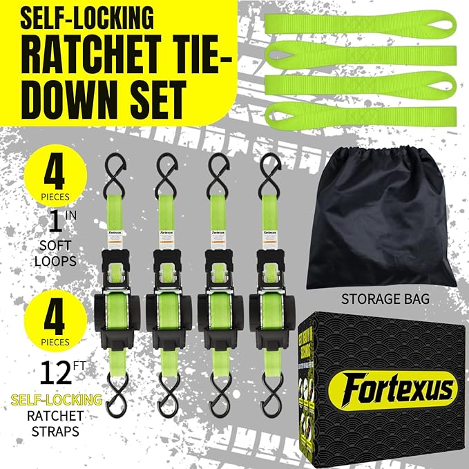 Retractable Ratchet Straps,1'' x 12' Tie Downs Automatic Retractable Ratchet Straps 1760lb Break Strength for Trailer,Motorcycle,Scooter,Pickup Truck,UTV,Kayak(Neon Green,4 Pack)