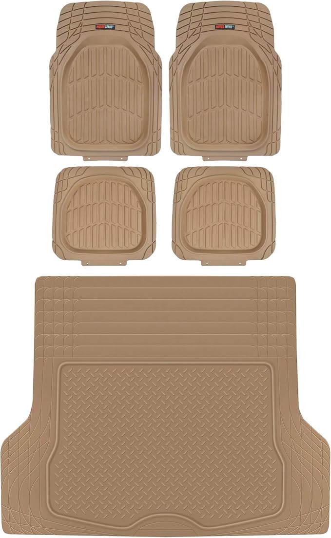 Motor Trend FlexTough Tortoise Rubber Car Floor Mats with Trunk Mat Cargo Liner, Front & Rear Combo Set fits Most Car SUV Van Coupe Sedan, Heavy Duty All Weather Trim to Fit Beige