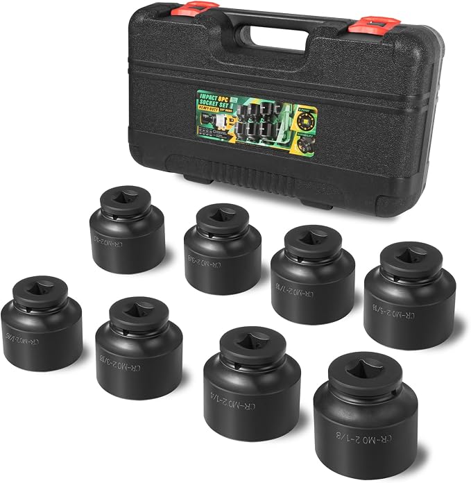 3/4" Drive Spindle Axle Nut Impact Large Socket Set, SAE Standard Sizes 2-1/16 Inch to 2-1/2 Inch, CR-MO Steel, 6-Point, Jumbo Sockets 8PCS for Removing Installing Axle Nuts Socket Heavy Duty