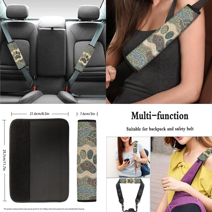 8 Pcs Boho Dog Paw Car Seat Covers Full Set Car Accessories for Women Front Seat Cover Steering Wheel Armrest Cover Seat Belt Cover for Auto SUV Interior Decoration