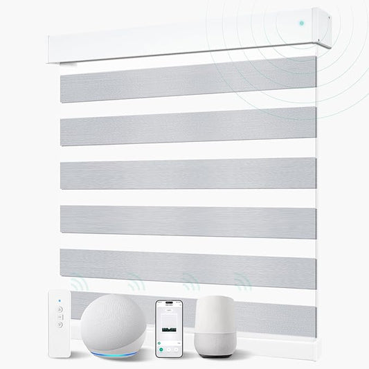 MING CHEN Motorized Blinds with Remote,Built-in Rechargeable Smart Blinds, Custom Size Electric Zebra Shades Compatible with Alexa Google 90% Blackout （Striped Grey,Custom Sizes）