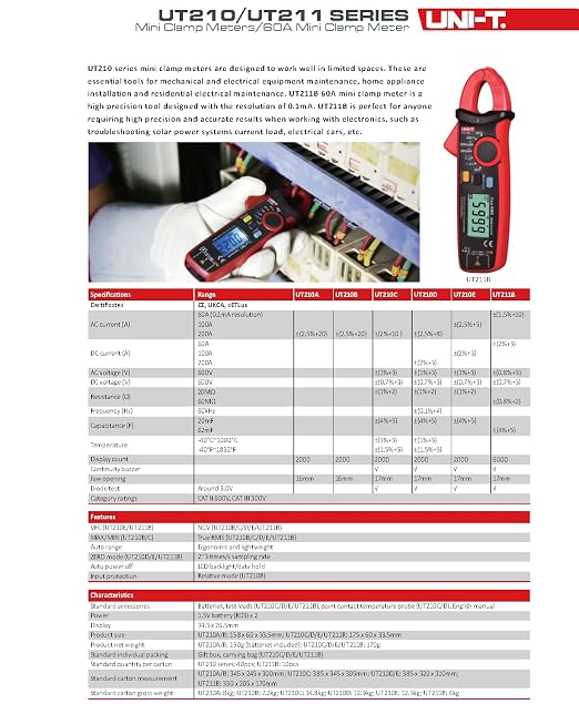 UNI-T UT210D Mini Clamp Meter, AC/DC Current Tester with Peak Hold & Data Hold, Measures DC Current from 0.1mA to 100A, True RMS, NCV, CAT III 600V for Inrush Current, Motor & PCB Repair