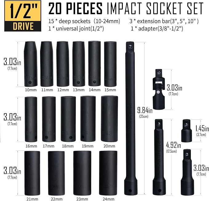BOEN 32 Piece SAE and Metric 1/2 inch deep impact socket set, Black Phosphate Coating, 6 Point Design, Meets ANSI Standards