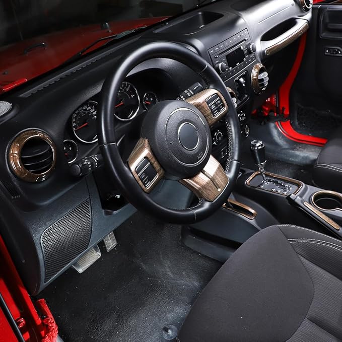 Hoolcar Steering Wheel Cover Gear Shift Panel Trim Cover Water Cup Holder Cover Kit Interior Accessories Kit Fit for Jeep Wrangler JK JKU 2011-2018, 4-Door, Wood Grain