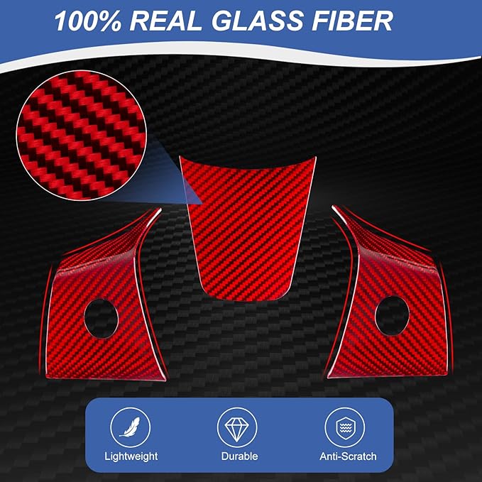 T-carbon Real Glass Fiber Steering Wheel Trim Cover Compatible with Tesla Model 3 2017-2023, Model Y 2020-2025 Steering Wheel Wrap Interior Decorative Accessories, Red