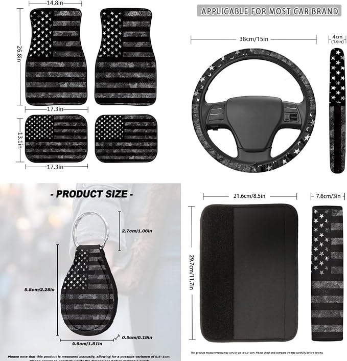 Gray American Flag Car Seat Covers Full Set Floor Mats Steering Wheel Cover Shoulder Pads Armrest Pad Roof Gloves Cup Coaster Keychain Automtovie Interior Accessories Set of 18