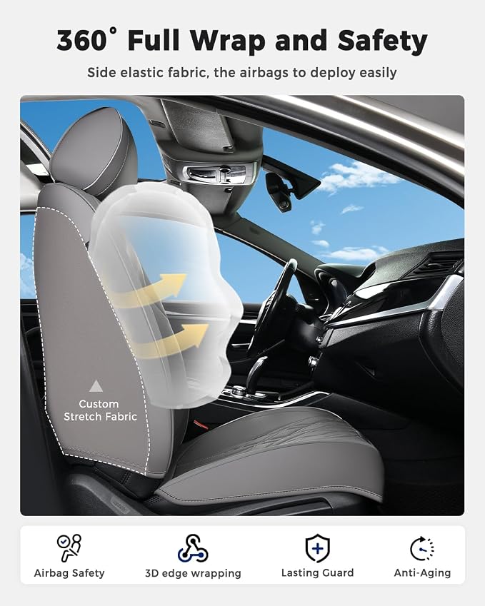 Huidasource Car Seat Covers Full Set, Leather Seat Cover Universal Fit for Most Cars Sedans SUVs Trucks, Airbag Compatible, Cup Holder Access, Easy Install, Wipes Clean, Wear-Resistant, Gray