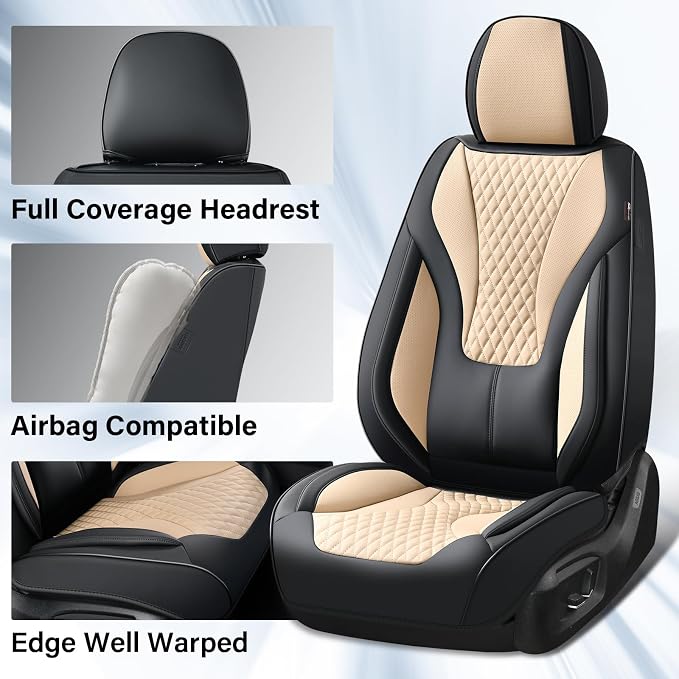 Coverado Waterproof Nappa Leather Car Seat Covers, Automotive Seat Covers，Front Car Seat Cushion & Car Seat Protector, Black&Beige Seat Covers Universal Fit for Most Cars, SUVs, Trucks