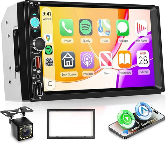 Double Din Car Radio with Wireless CarPlay Android Auto, 7 Inch Touchscreen Car Stereo 2 Din with Backup Camera Car Radio Support Mirror Link Bluetooth FM USB EQ Type C Steering Wheel Control