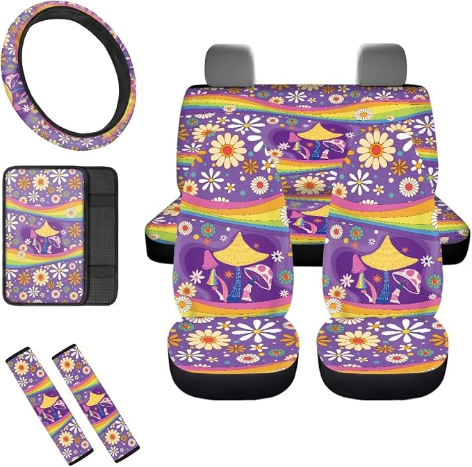 Mumeson Cute Hippie Flower Mushroom Car Seat Covers Set with Steering Wheel Cover + Safety Seat Belt Pads + Armrest Cushion Pad for Car 8 Pack Car Accessories Decor for Womens Universal