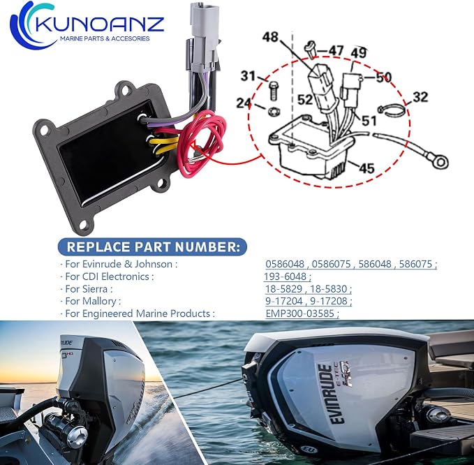 193-6048 0586075 0586048 18-5829 Rectifier Regulator for Johnson & Evinrude 90 100 105 115 150 175 HP 2-Stroke Outboard 90hp 100hp 105hp 115hp 150hp 175hp Sierra:18-5830 586048,586075 1996-2006