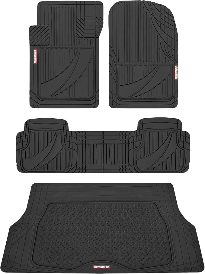Motor Trend FlexTough™ Heavy Duty Black Rubber Car Floor Mats All Weather & Cargo Liner for SUV Full Set - Universal Trim to Fit Automotive Floor Mat & Trunk Mats for Cars Interior Accessories