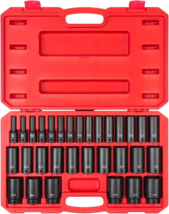 TEKTON 1/2 Inch Drive Deep 6-Point Impact Socket Set with Case, 31-Piece (8-38 mm) | SID92335