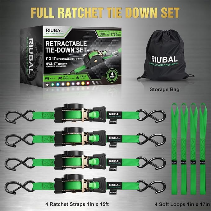 Retractable Ratchet Straps (4-Pack) - 1 Inch x 15 Feet (1,764lb Break Strength) - Auto Self Retracting Tie Down Straps Heavy Duty for Motorcycle, ATV, UTV, Truck, Cargo Trailer – Green