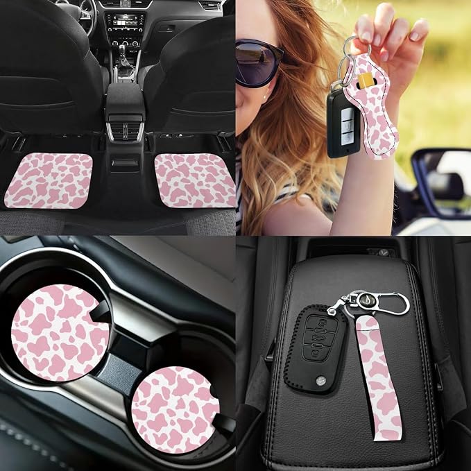 Pink Cow Print Car Seat Covers Full Set of 17 Pack Cute Cow Print Car Accessories Set with Vehicle Front Rear Carpets Mats Steering Wheel Accessories Armrest Pad,Universal Fit Most Car SUV