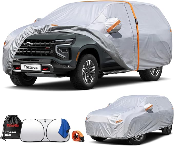 Car Cover Waterproof All-Weather,Heavy-Duty Outdoor Full Exterior Automobiles SUV(Length 202-214 inch) with Windshield Sun Shade Universal Fit Chevrolet Tahoe, Lincoln MKT, GMC Envoy etc