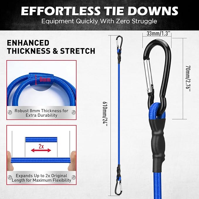 5-Piece 24 Inch Bungee Cords with Carabiner Hooks, Heavy Duty Rubber Elastic Tie Down Straps, Bungee Cord with Carabiner Clips for Cargo, Truck Bed, Camping, Motorcycle and Outdoor Use (Blue)