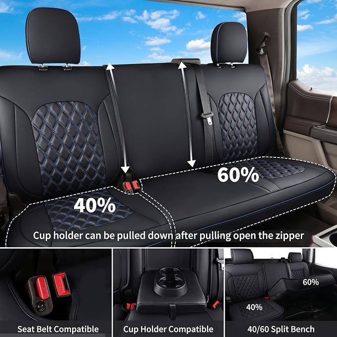 Huidasource Fit for Chevy Silverado/GMC Sierra Rear Seat Cover, Thickened Split Nappa Leather Truck Back Seat Covers 2007-2013&2019-2025 1500, 2020-2025 2500HD 3500HD Crew Cab WT LS LT, Black＆Blue