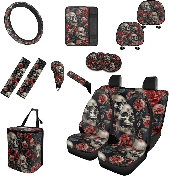Rose Skull Car Seat Covers Full Set for Women Floral Car Accessories Steering Wheel Cover Seatbelt Pad Coasters Trash Can Car Headrest Pillow Covers Armrest Pad