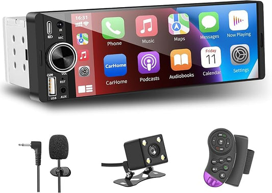 LSLYA Single Din Radio, Touchscreen Car Stereo for Wireless Apple Carplay,Android Auto, Radio para Carro with FM/USB/Mirror Link/Rear Camera/Car Steering Wheel Controller/Mirophone/Type-c/Aux