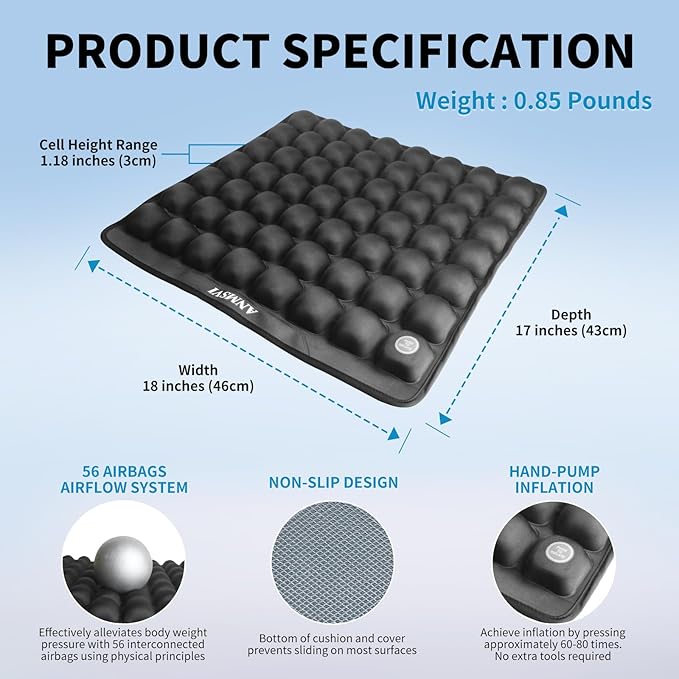 Air Inflatable Seat Cushion with Built-in Pump - Pressure Relief Wheelchair Cushion for Sciatica & Tailbone Pain - 441 lbs Capacity, Anti-Slip Pad for Car & Office Chair, 18x17 with Grey Cover