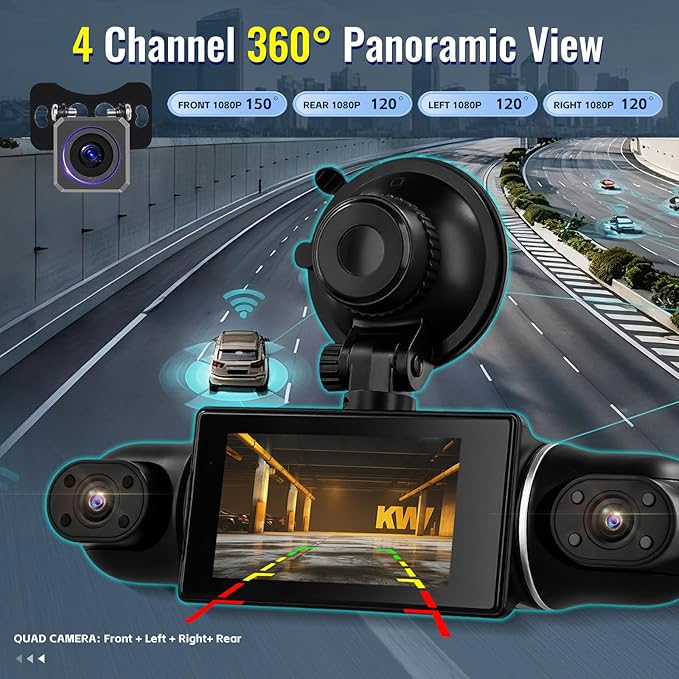 NHOPEEW 4 Channel Dash Cam 360° Coverage: Front 2K + Triple 1080P Car Camera Built-in WiFi Car Camera with App, Front Rear Left Right Inside with G-Sensor/Night Vision/Loop Recording + 64GB Card
