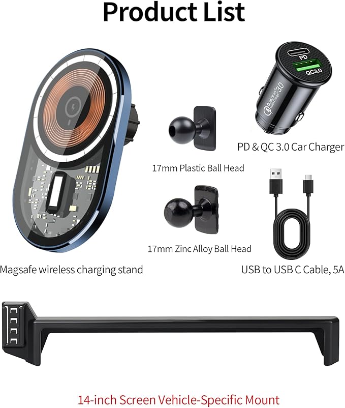 Wireless Charging Car Phone Holder for Toyota Tundra 2022-2026 / Sequoia 2023-2026, 14" Screen Fixed Clip, 360° Rotation Car Phone Mount Compatible with MagSafe