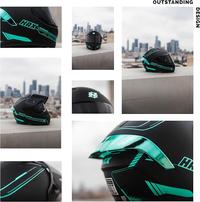 HAX Obsidian Full Face Dual Visor Adult Motorcycle Helmet for Motorbike Street Bike with Pinlock Ready DOT Approved Matte Black Aqua L