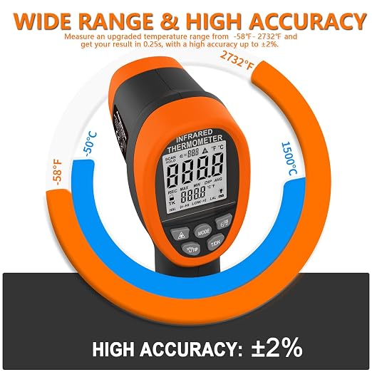 Pyrometer 30:1 Industrial, -58℉ to 2732℉ Digital High Temp Infrared Thermometer, Non Contact Laser Thermometer Gun, IR Temperature Gauge for Forge Grill (NOT for Human)