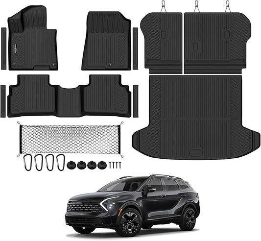 Tongama-Floor Mats for 2023-2025 Kia Sportage Gas, All Weather TPE Trunk Mat and Backrest Mats Protector and Cargo Net and Door Sill Guards for Kia Sportage Floor Liner Accessories