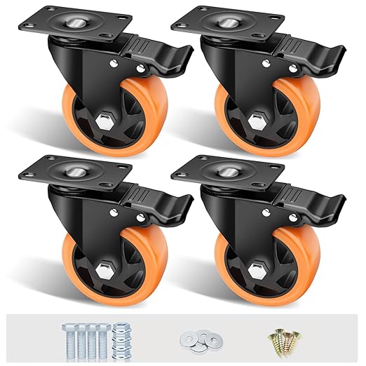 4" Swivel Plate Casters, 1200Lbs Capacity with Brake | Orange, 4-Pack, PU Wheels, Double Ball Bearings, Quiet & Non-Marking, for Workbenches & Carts