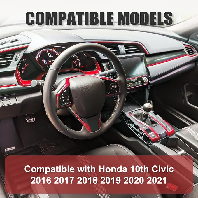 Interior Trim Kit for Honda 10th Civic 2016-2021 Red Instrument Central Control Gear Shift Panel Cover Trim