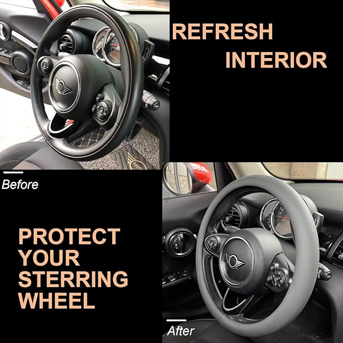 PINCTROT Large Size Nappa Leather Steering Wheel Cover, Slim Fit No Bulk Design, One Piece Leather with Breathable Perforation, Fit Like Gloves, 15.5-15.75 Inch(Nappa Dark Gray)