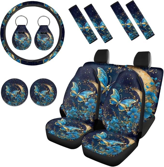 Howilath Butterfly Moon Floral Car Seat Cover Set SUV Interior Protector 13 Piece with Steering Wheel Protector/Seat Belt Cushion/Keychains/Cup Coasters Universal Fit All Seasons