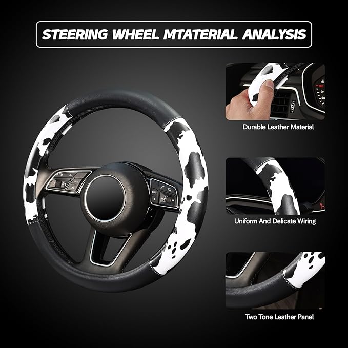 Cow Print Steering Wheel Cover, Universal 14.5-15 inch Breathable Microfiber Leather Anti-Slip Car Steering Wheel Protector for Women Men, Black&White