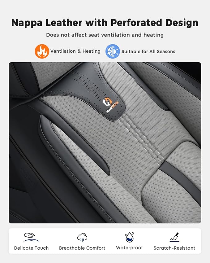 Huidasource Car Seat Covers Front Seats Luxury Nappa Leather, Front Seat Covers with Airbag, Front Storage Pocket, Lumbar Support, Cooling＆Heating, Universal Fit for Most Cars SUV Trucks, Black&Gray