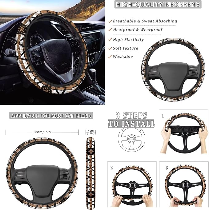 Dreaweet Aztec Seat Covers for Cars Full Set Southwestern Indian Tribal Geometric Car Steering Wheel Cover/Center Console Cover/Seatbelt Covers/Car Coasters/Gear Shift Cover/Handbrake Cover,Universal