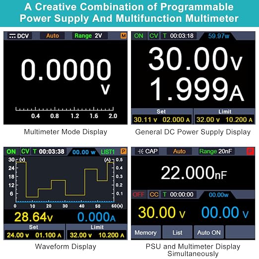 Kiprim 2-in-1 Programmable Power Supply and Multimeter (0-60 V 0-5 A) DC605Pro with Data Memory,High Precision,OCP,OVP, PC Software and USB Charging