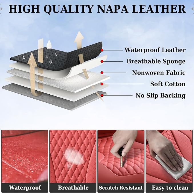 Coverado Waterproof Nappa Leather Car Seat Covers Full Set, Red 5-Seat Car Seat Protector, Front & Rear Cushions Fit for Most Sedans, SUVs, Pick-up Trucks