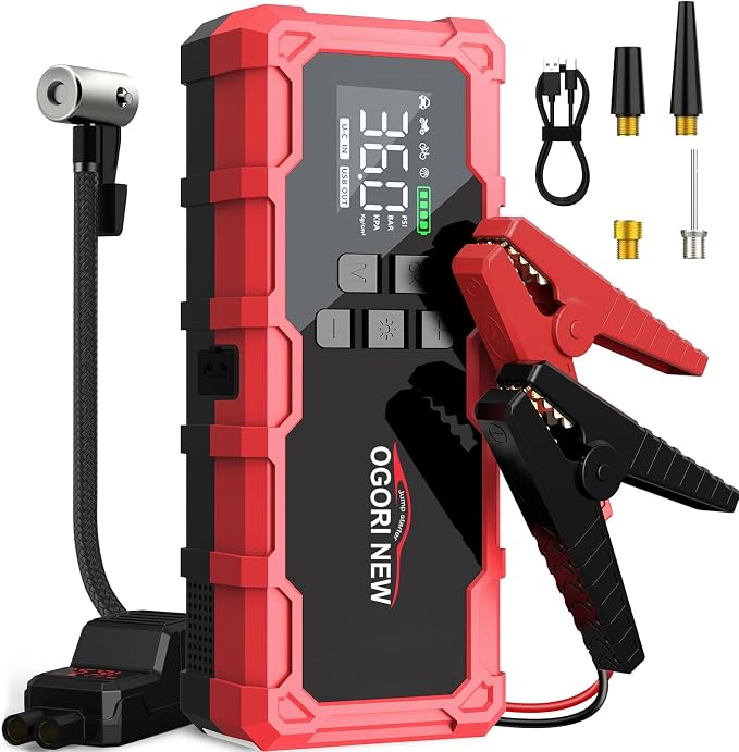 8000A Jump Starter with Air Compressor, 26800mAh 150PSI Portable Car Battery Jump Starter (All Gas/16L Diesel), 12V Supersafe Jump Box Car Battery Booster with Jumper Cables, Lights, Cigarette Lighter