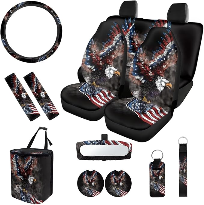 Eagle Flag Car Accessories Set 12 Pcs Steering Wheel Cover Seat Belt Cover Car Trash Can Rear View Mirror Cover Cup Coasters Keychain Holder Keychains