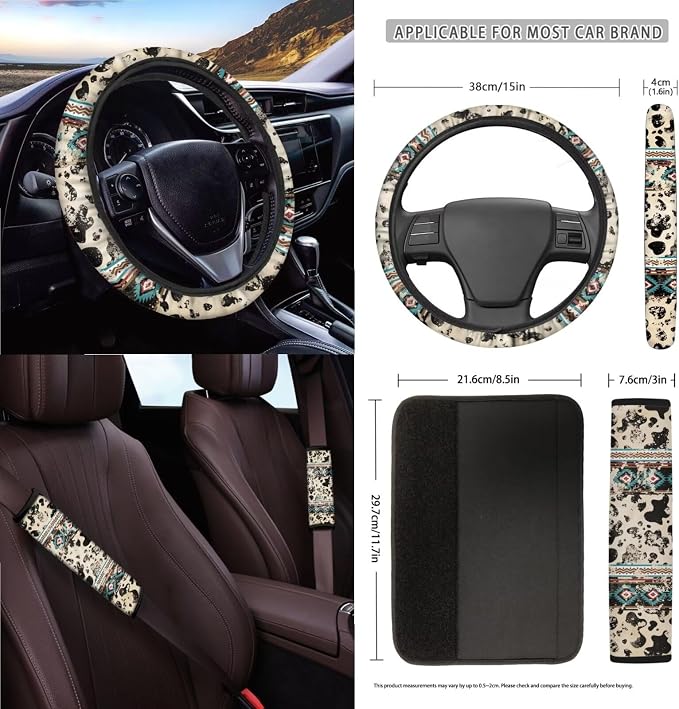 Wanyint Aztec Cow Print Retro 15 PCS Car Accessories, Universal Auto Seat Protector Steering Wheel Cover Seatbelt Strap Pad Trash Can Mount Storage Pocket Cup Holders Rearview Mirror Cover Keychain