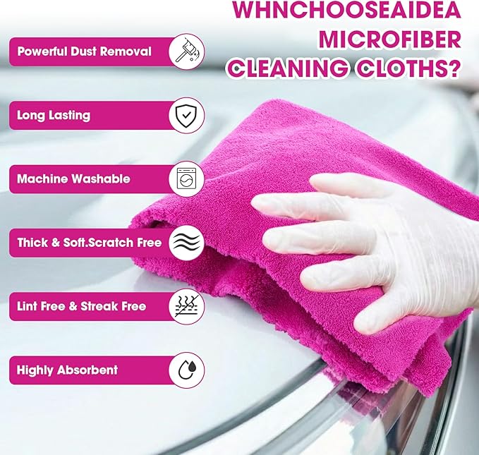 Shimeyao 30 Pcs Edgeless Microfiber Plush Towels for Cars Detailing Drying Wash Polishing Absorbent Cleaning Cloths, 500 GSM (16 x 16 Inch,Fuchsia)