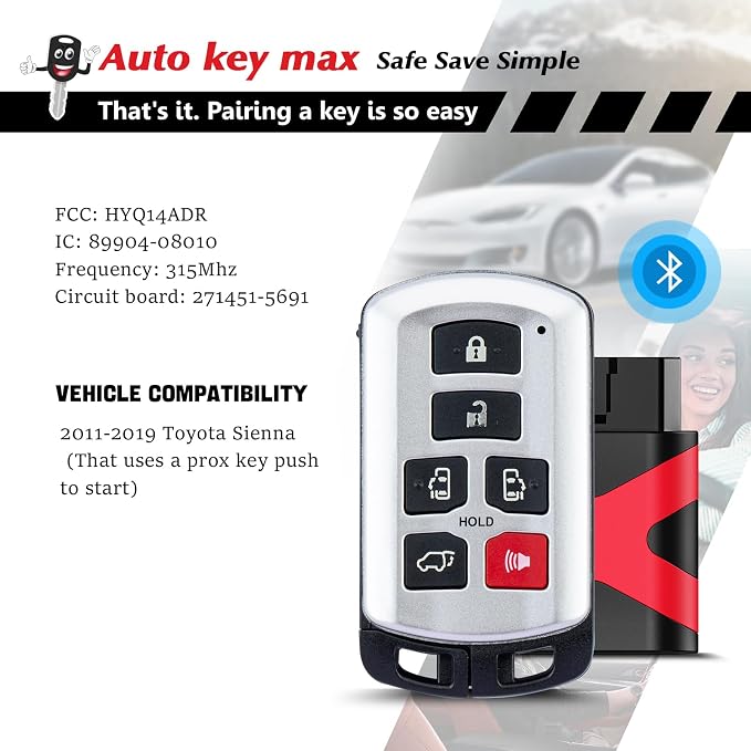 Programmable Keyfob, Replacement Car Keys Fob and DIY Programmer Kit for 2011 2012 2013 2014 2015 2016 2017 2018 2019 Toyota Sienna Smart Remote HYQ14ADR
