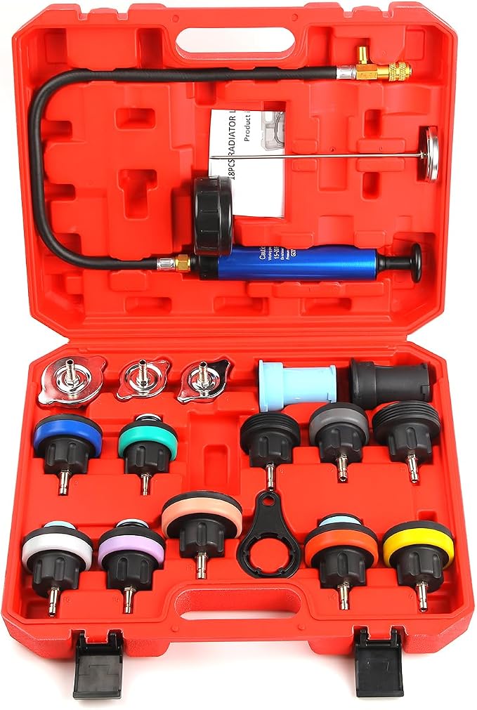 18pcs Universal Radiator Pressure Tester Kit, Coolant Vacuum Refill kit，Coolant Pressure Tester Kit with Manual Pump and Color-Coded Test Caps (red)