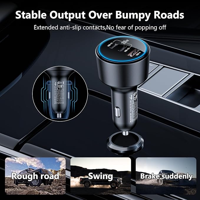 ROADRESS 200W Super Fast Car Charger for iPhone 16/15 Pro Max, 3-Port USB C Car Charger Adapter with 2×100W USB C to C Cables, PD3.0/QC4.0, 12V-24V Vehicle Compatible, LED Light & Overheat Protection