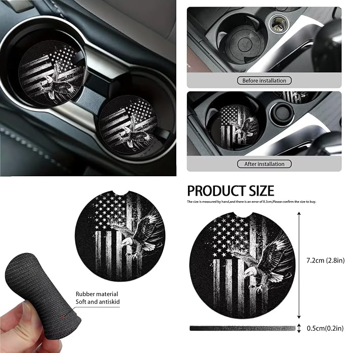15Pcs Car Seat Cover Full Set Car Steering Wheel Cover Seat Belt Cover Trash Bin Air Vent Storage Box Front Rear View Mirror Car Cup Holder Keychain, Vintage American Flag Eagle